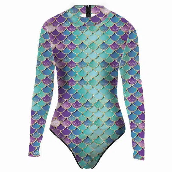 Freebily-Maillot de bain une pièce pour femme, maillot de bain à manches longues, fermeture éclair, écailles de poisson imprimées, maillot de bain sirène fusionné, natation trempée 4