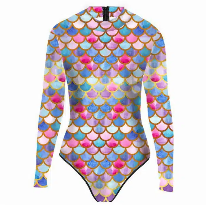 Freebily-Maillot de bain une pièce pour femme, maillot de bain à manches longues, fermeture éclair, écailles de poisson imprimées, maillot de bain sirène fusionné, natation trempée 5