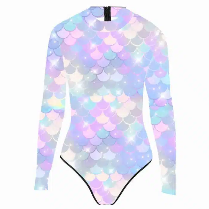 Freebily-Maillot de bain une pièce pour femme, maillot de bain à manches longues, fermeture éclair, écailles de poisson imprimées, maillot de bain sirène fusionné, natation trempée 3